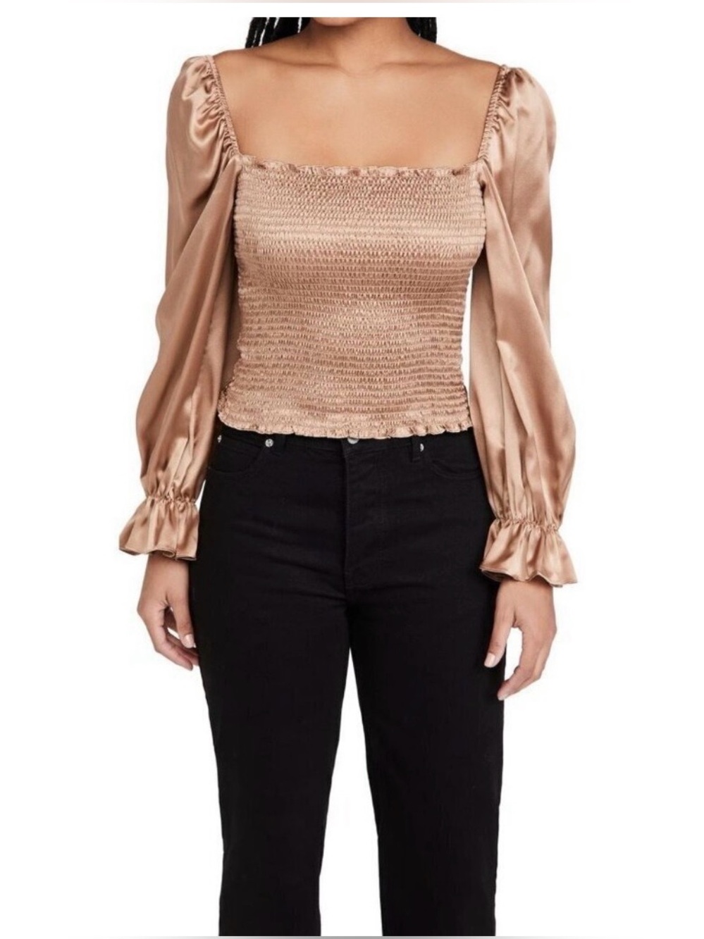 Reformation Chamomile Taupe Silk Smocked Puff Sleeve Top XS